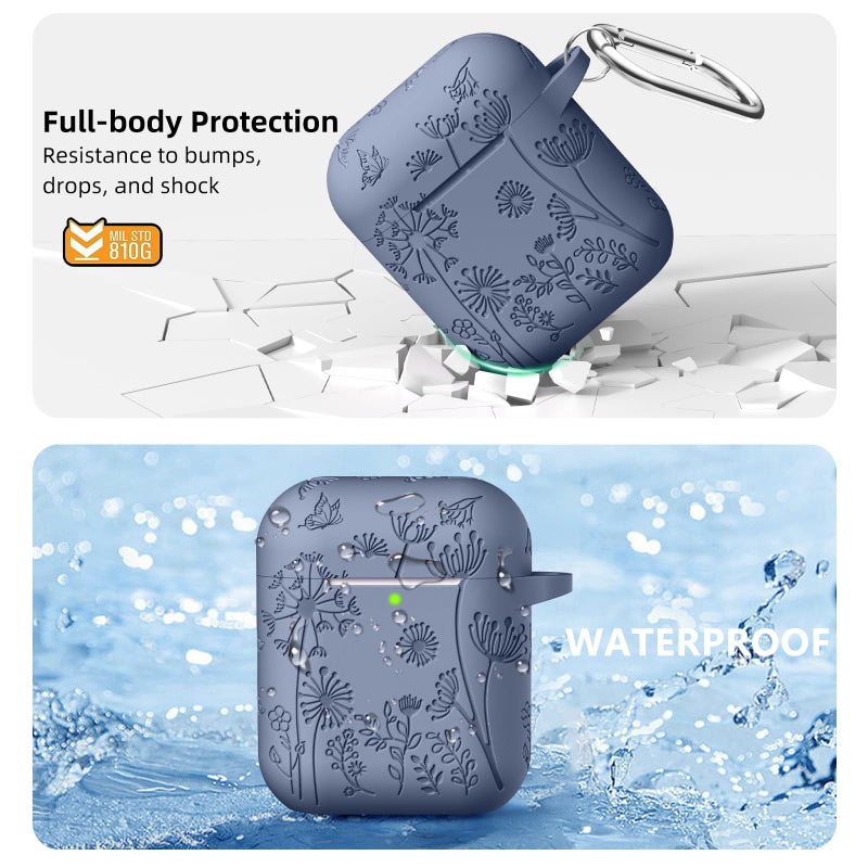 Lerobo Flower Engraved Case for AirPods Case Cover, Stylish Soft Silicone Protector with Keychain, Compatible with Apple AirPods 1st/2nd Generation Charging Case, Front LED Visible, Blue Gray - Image 3