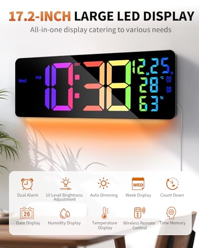 GLOKUUCA 172 Large Digital Wall Mount Clock Count Down Timer Alarm Big LED 11 RGB Color Temperature for Living Room Classroom Desk Xmas Birthday Gift for Senior Mom Dad Rectangle - Image 3
