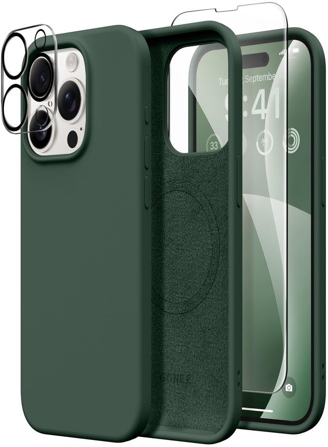 GONEZ for iPhone 15 Pro Max Case Silicone, Compatible with Magsafe, Camera Protector + Screen Protector, Soft Anti-Scratch Microfiber Lining, Liquid Silicone Shockproof Phone Cover, Dark Green - Image 1