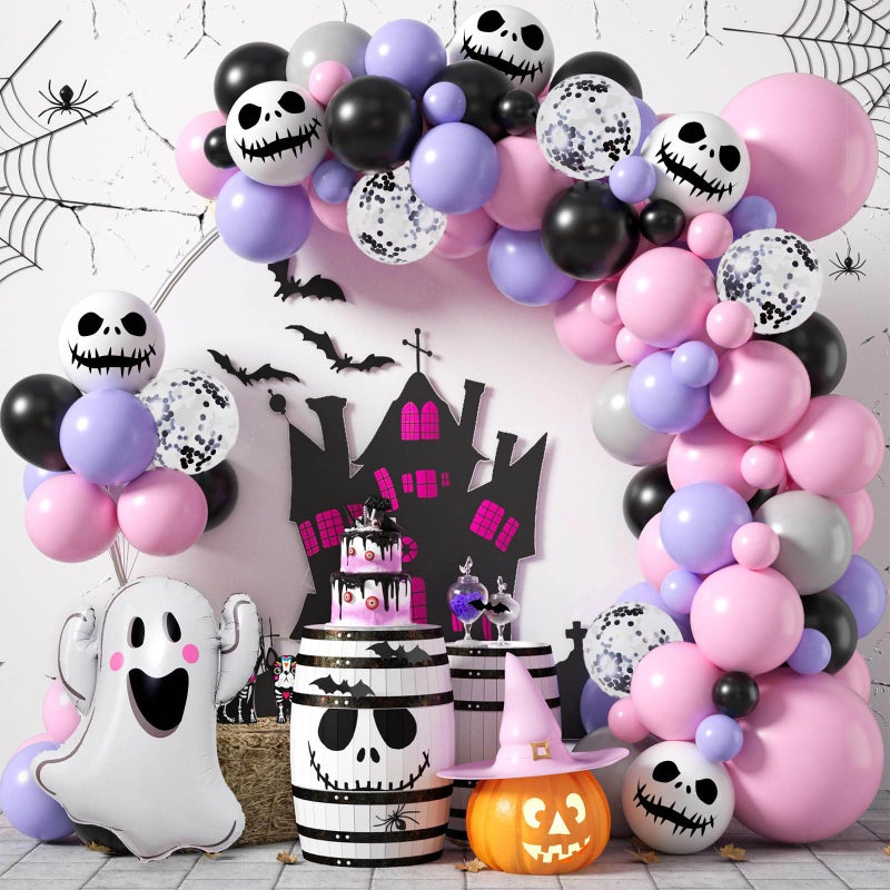 MANGO Pink Purple Halloween Balloons Garland Arch Cute Halloween Pink Theme Balloons Decorations With Multi Size Purple Pink Latex Balloons Ghost Foil Balloon for kids Halloween Birthday Party Decorations - Image 1