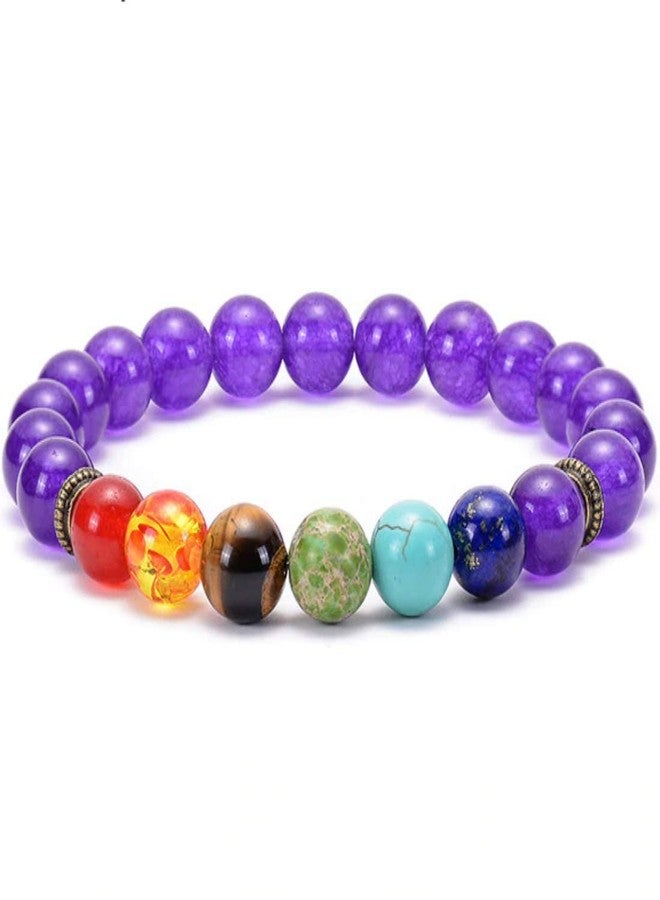 EDMIRIA Natural Amethyst 7 Chakra Semi Precious Stones Charm Reiki Chakra Healing Yoga Meditation Crystal 8mm Gemstones Beads Elastic Stretchable Bracelet for Men And Women - Image 1