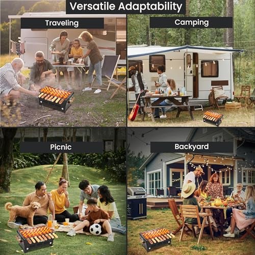Pivalo Charcoal Barbeque Grill Set | Tandoori BBQ for Home & Outdoor Use | 4 Piece Combo | 4 Skewers | 1 Glove | 1 Tong | Foldable Standing BBQ for Camping, Picnic & Travel Cooking (Pack of 1, Black) - Image 5