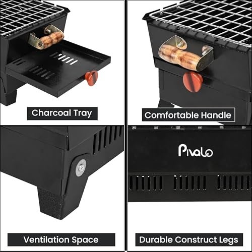 Pivalo Charcoal Barbeque Grill Set | Tandoori BBQ for Home & Outdoor Use | 4 Piece Combo | 4 Skewers | 1 Glove | 1 Tong | Foldable Standing BBQ for Camping, Picnic & Travel Cooking (Pack of 1, Black) - Image 4