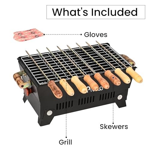 Pivalo Charcoal Barbeque Grill Set | Tandoori BBQ for Home & Outdoor Use | 4 Piece Combo | 4 Skewers | 1 Glove | 1 Tong | Foldable Standing BBQ for Camping, Picnic & Travel Cooking (Pack of 1, Black) - Image 3