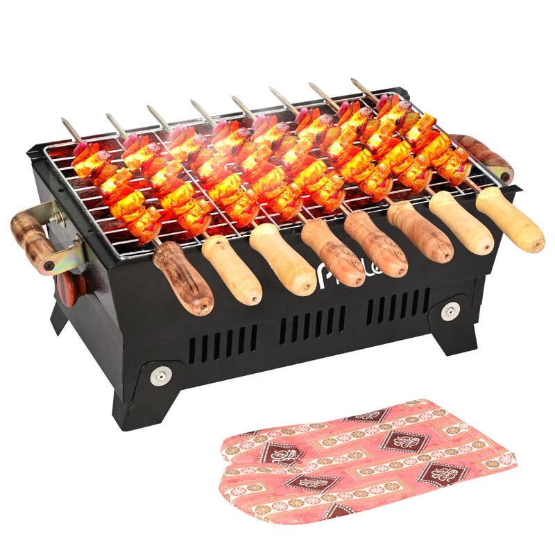 Pivalo Charcoal Barbeque Grill Set | Tandoori BBQ for Home & Outdoor Use | 4 Piece Combo | 4 Skewers | 1 Glove | 1 Tong | Foldable Standing BBQ for Camping, Picnic & Travel Cooking (Pack of 1, Black) - Image 1
