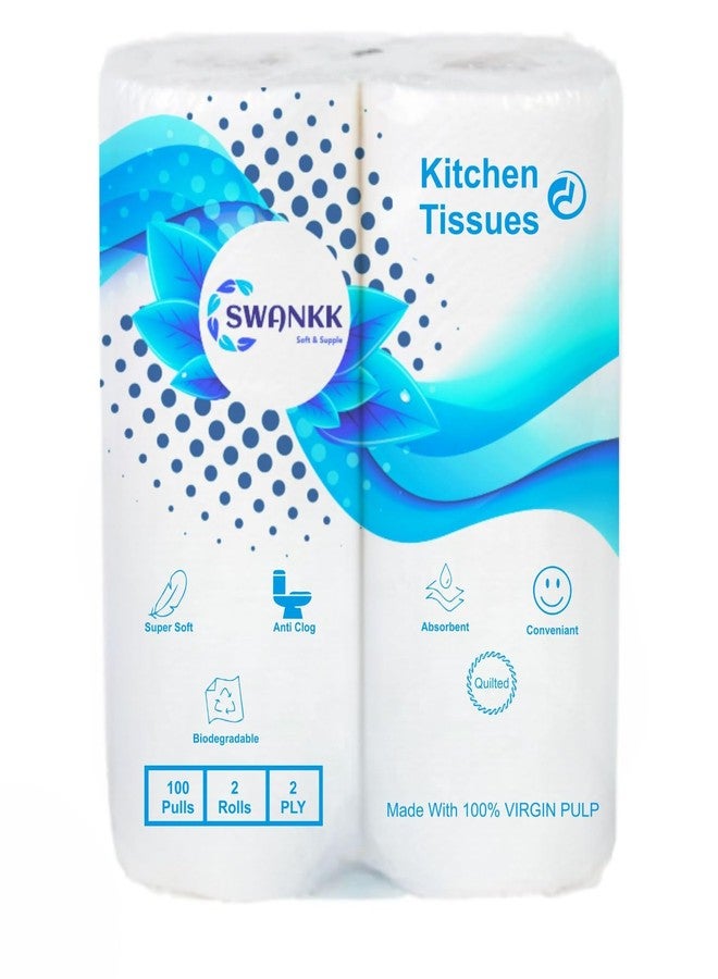 Swankk 2 Ply Kitchen Paper Tissue Roll | Super Absorbent & Durable | 100 Pulls Per Roll, 400 Pulls (Pack of 2, 4 Rolls, Regular) - Image 1