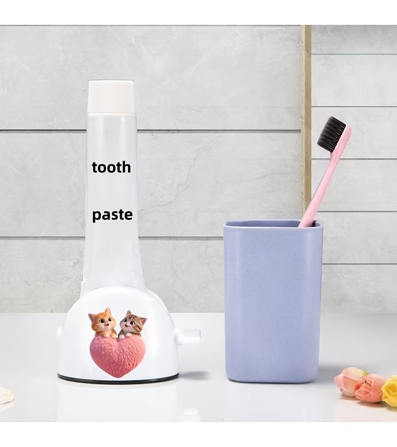 1PC Heart Kitten Toothpaste Dispenser Manual Squeezer No Waste Easy Use Home Salon - Image 1