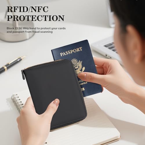 CoBak Passport Holder Cover with Safe Zipper Closure, Premium Passport Wallet for Travel, RFID Blocking Card Case, Waterproof Travel Accessories for Man, Black Grain - Image 3