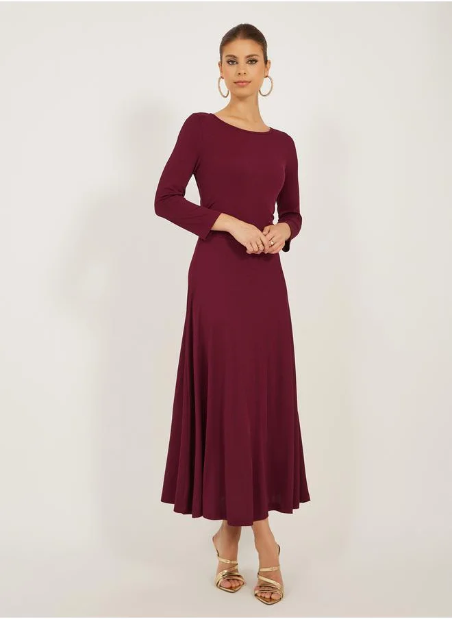 Styli Solid Round Neck A-Line Midi Dress with 3/4th Sleeves