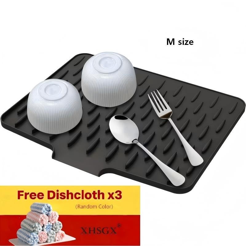 4pcs (1pc Drain Mat And 3pcs Towels Random Color) XHSGX Upgraded Anti-Slip Silicone Kitchen Dish Drying Rack, Automatic Drainage Design, Heat-Resistant And Easy to Clean - Suitable for Countertop, Sink, And Refrigerator, L Size/M Size Optional - Image 1
