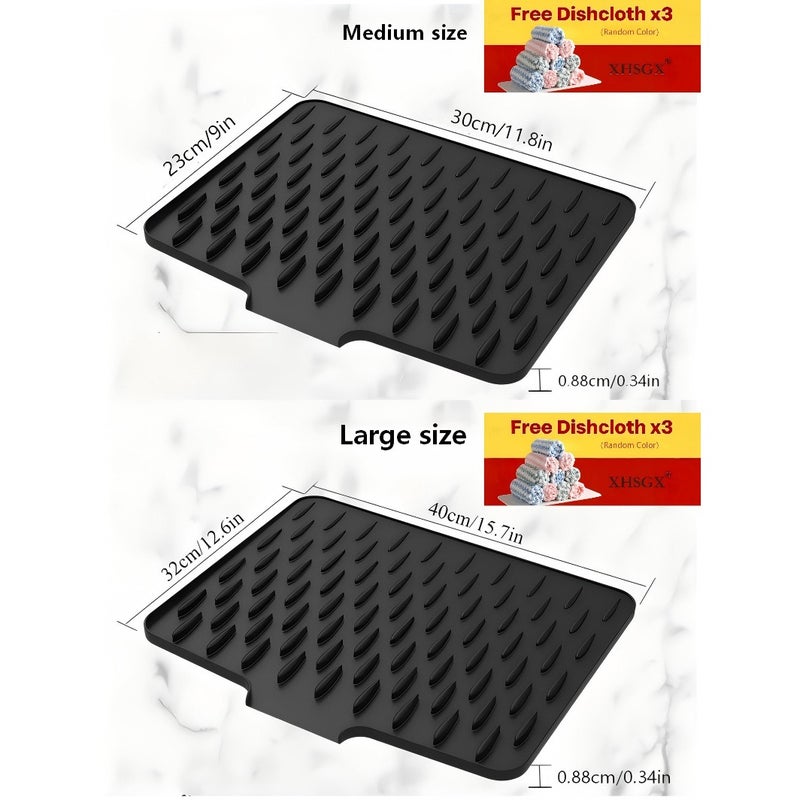 4pcs (1pc Drain Mat And 3pcs Towels Random Color) XHSGX Upgraded Anti-Slip Silicone Kitchen Dish Drying Rack, Automatic Drainage Design, Heat-Resistant And Easy to Clean - Suitable for Countertop, Sink, And Refrigerator, L Size/M Size Optional - Image 3