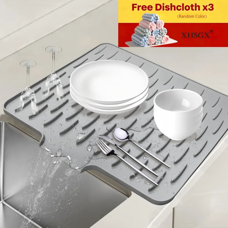 4pcs (1pc Drain Mat And 3pcs Towels Random Color) XHSGX Upgraded Anti-Slip Silicone Kitchen Dish Drying Rack, Automatic Drainage Design, Heat-Resistant And Easy to Clean - Suitable for Countertop, Sink, And Refrigerator, L Size/M Size Optional - Image 2