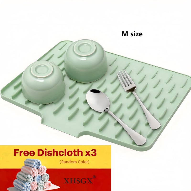 4pcs (1pc Drain Mat And 3pcs Towels Random Color) XHSGX Upgraded Anti-Slip Silicone Kitchen Dish Drying Rack, Automatic Drainage Design, Heat-Resistant And Easy to Clean - Suitable for Countertop, Sink, And Refrigerator, L Size/M Size Optional - Image 4