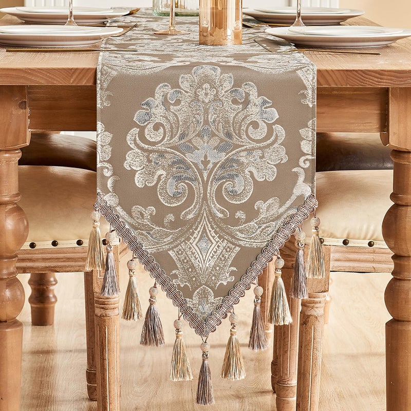 Loom and Mill Luxury Table Runner for Home Decor Jacquard Floral Dining Table Runner with Tassels 108 inches Long Damask Runner for Dining Dresser Party Banquet DecorationsLight Coffee13108 inch