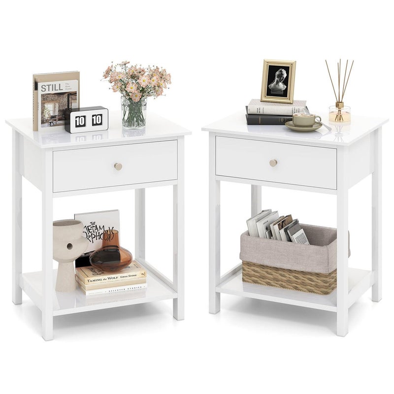 COSTWAY Bedside Tables Wooden Nightstand End Sofa Side Table with Drawer and Open Shelf Modern Accent Bedside Cabinet Storage Unit for Small Space Living Room Bedroom 2PCS White