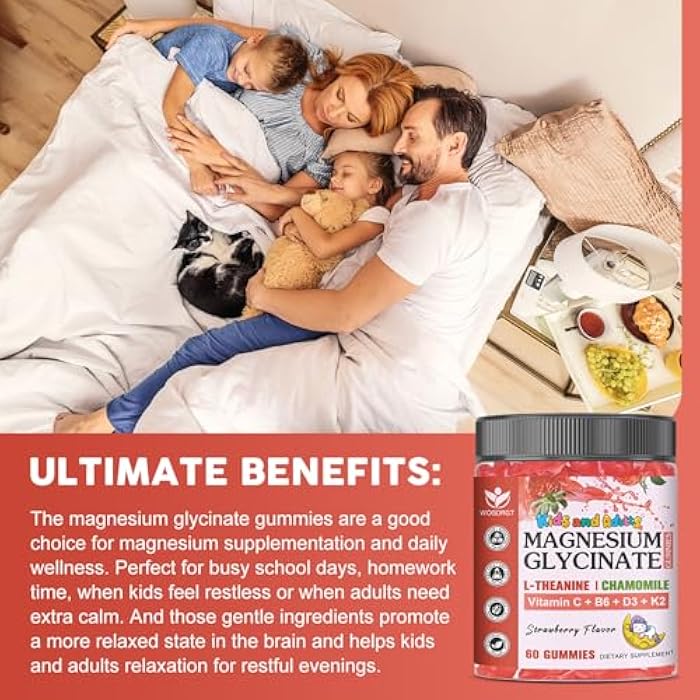 WOGORGT Magnesium Glycinate Gummies for Kids & Adults - Relaxation & Cognition Support - 400/200mg Magnesium Supplement with L-Theanine, Chamomile, B6, D3 & K2 - Vegan, Sugar Free, Strawberry Flavor, 60 Ct - Image 4
