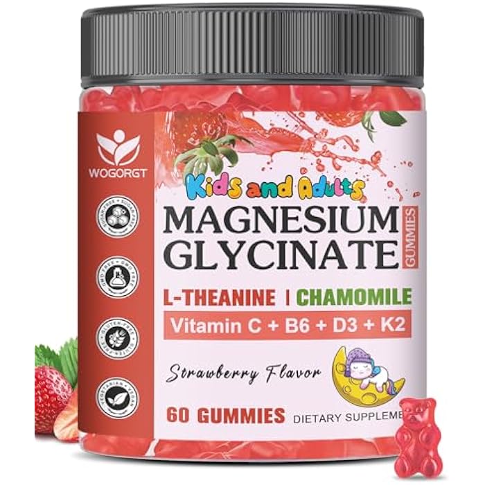 WOGORGT Magnesium Glycinate Gummies for Kids & Adults - Relaxation & Cognition Support - 400/200mg Magnesium Supplement with L-Theanine, Chamomile, B6, D3 & K2 - Vegan, Sugar Free, Strawberry Flavor, 60 Ct - Image 1