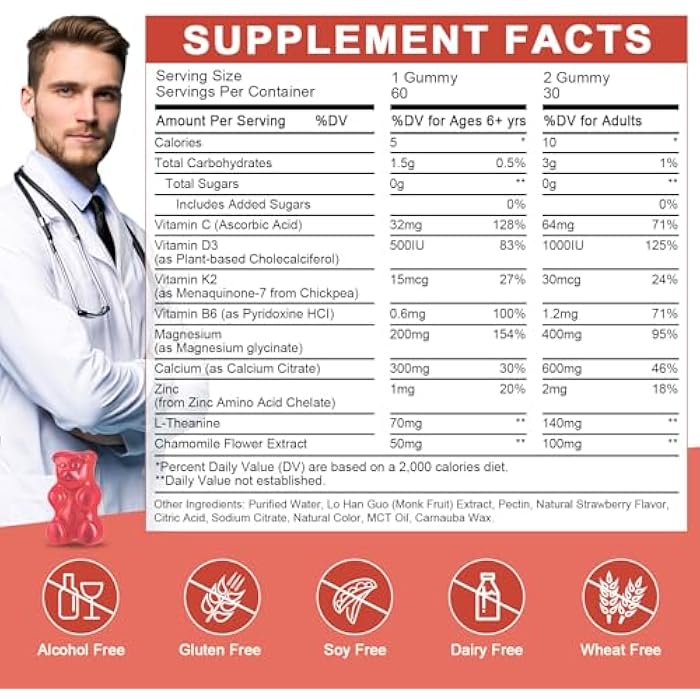 WOGORGT Magnesium Glycinate Gummies for Kids & Adults - Relaxation & Cognition Support - 400/200mg Magnesium Supplement with L-Theanine, Chamomile, B6, D3 & K2 - Vegan, Sugar Free, Strawberry Flavor, 60 Ct - Image 2