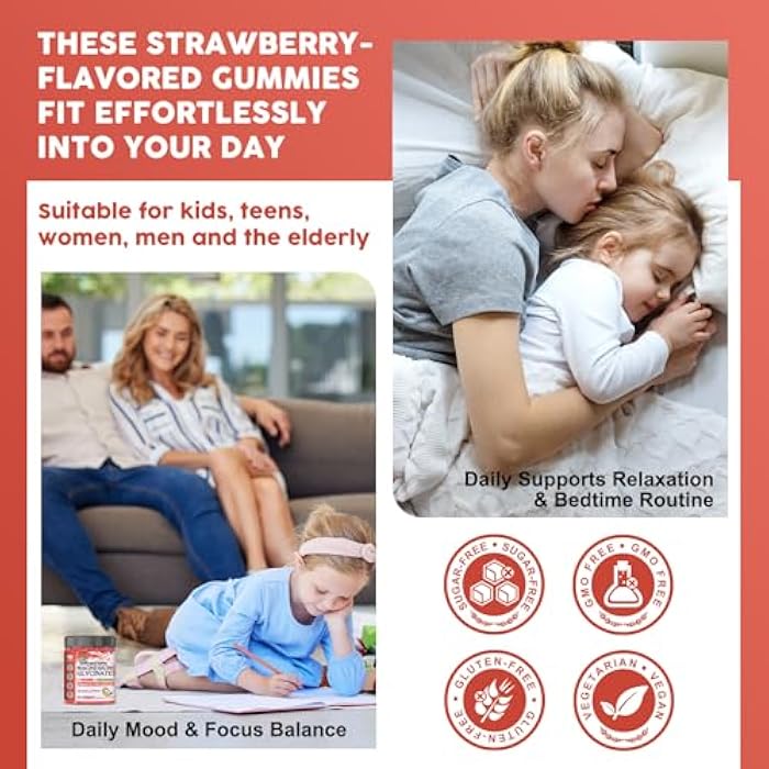 WOGORGT Magnesium Glycinate Gummies for Kids & Adults - Relaxation & Cognition Support - 400/200mg Magnesium Supplement with L-Theanine, Chamomile, B6, D3 & K2 - Vegan, Sugar Free, Strawberry Flavor, 60 Ct - Image 5