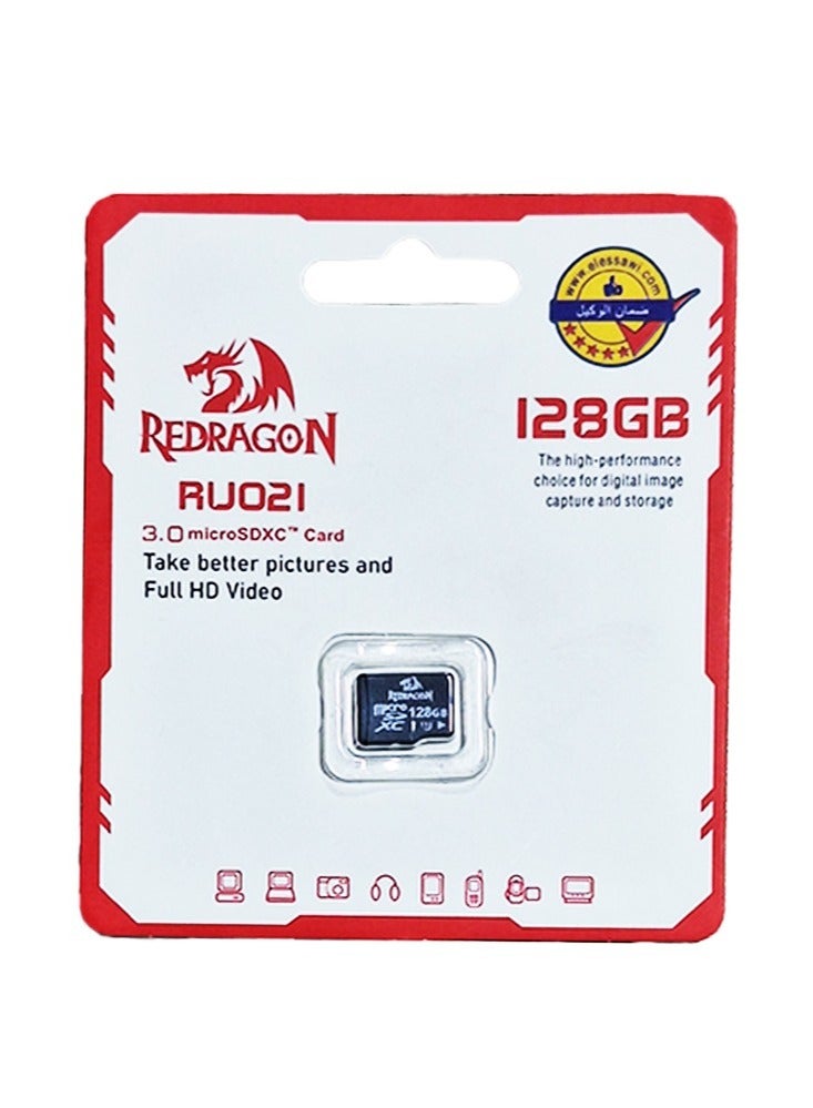REDRAGON 3.0 micro SDXC card , RU021 Memory card high performance choice for digital image capture and storage,  128gb expand your mobile device's on-board memory Quick transfers and convenient storage , Well outlined cut to fit perfectly in slots of multiple devices for precise performance