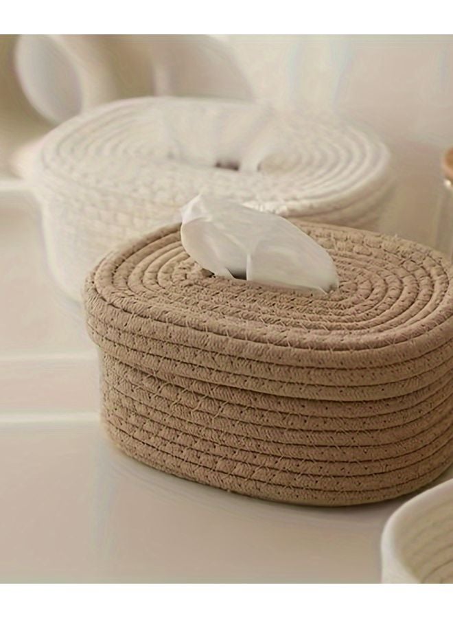 Khaki Oval Wicker Storage Basket With Lid Rope Tissue Box Holder For Bedroom Living Room - Image 2