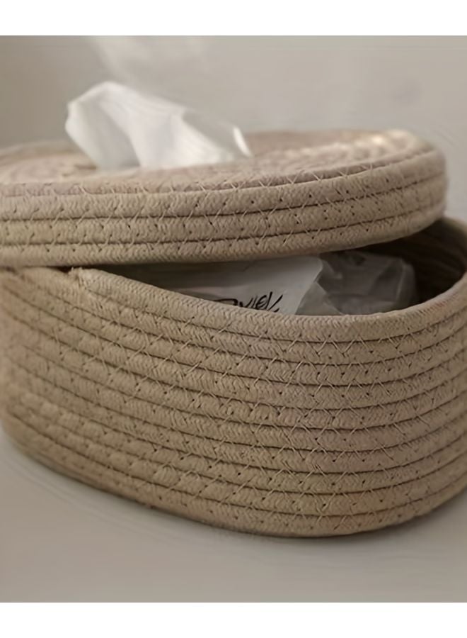 Khaki Oval Wicker Storage Basket With Lid Rope Tissue Box Holder For Bedroom Living Room - Image 3