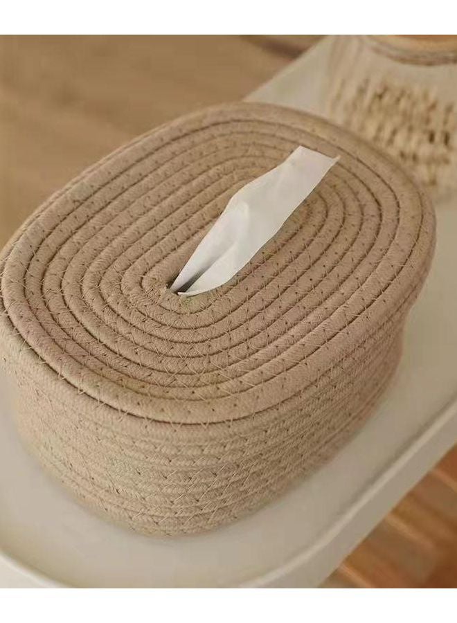Khaki Oval Wicker Storage Basket With Lid Rope Tissue Box Holder For Bedroom Living Room - Image 1