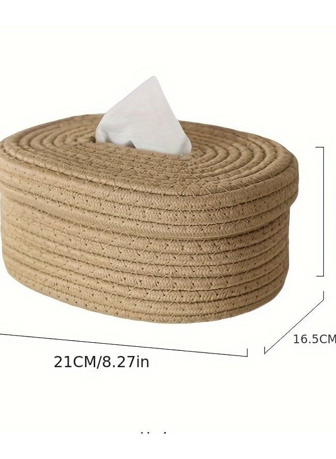 Khaki Oval Wicker Storage Basket With Lid Rope Tissue Box Holder For Bedroom Living Room - Image 4