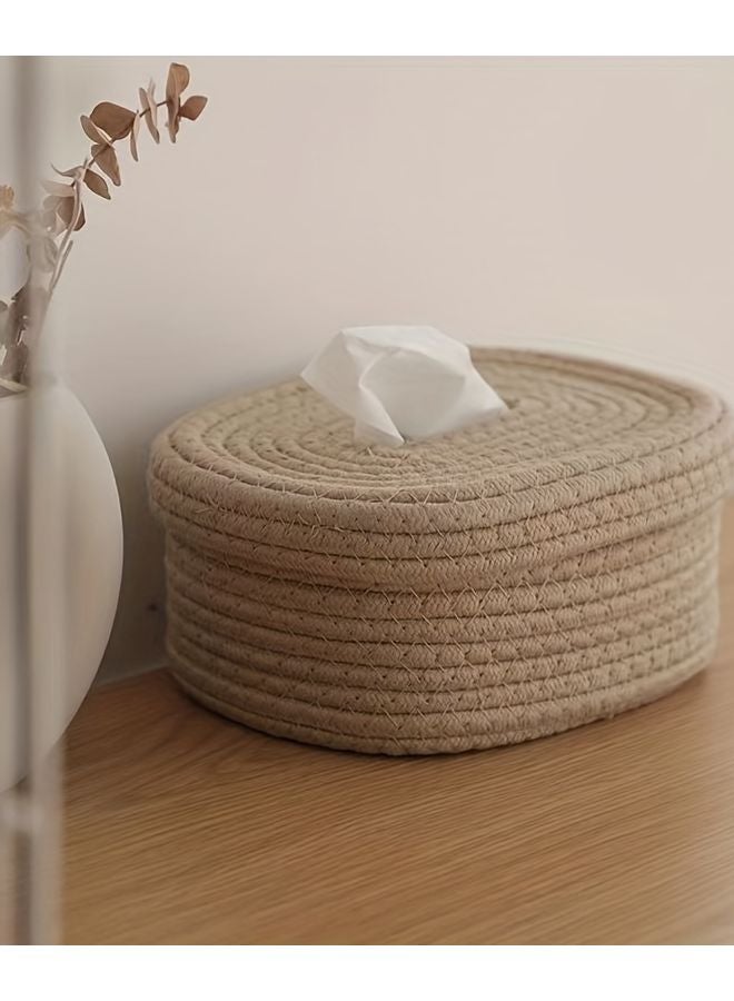 Khaki Oval Wicker Storage Basket With Lid Rope Tissue Box Holder For Bedroom Living Room - Image 5