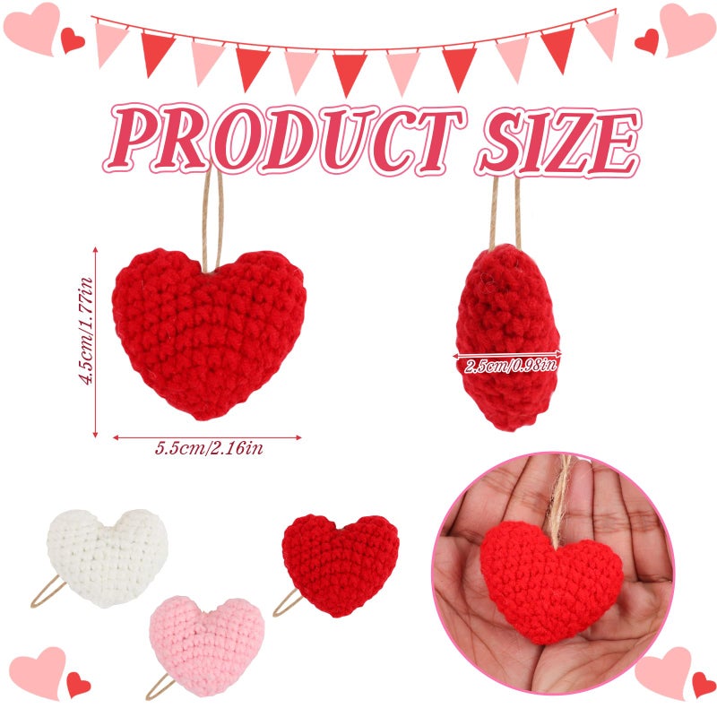 FOIMAS 12pcs Valentines Heart Hanging Knit Ornaments, 2.56 Inch Knitted Crochet Heart Tree Ornament Red Pink White Handmade Hearts Decoration for Valentine's Day Party Christmas Tree Decor - Image 2