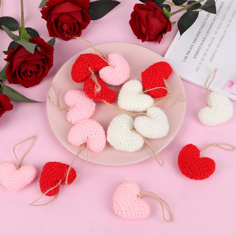FOIMAS 12pcs Valentines Heart Hanging Knit Ornaments, 2.56 Inch Knitted Crochet Heart Tree Ornament Red Pink White Handmade Hearts Decoration for Valentine's Day Party Christmas Tree Decor - Image 4