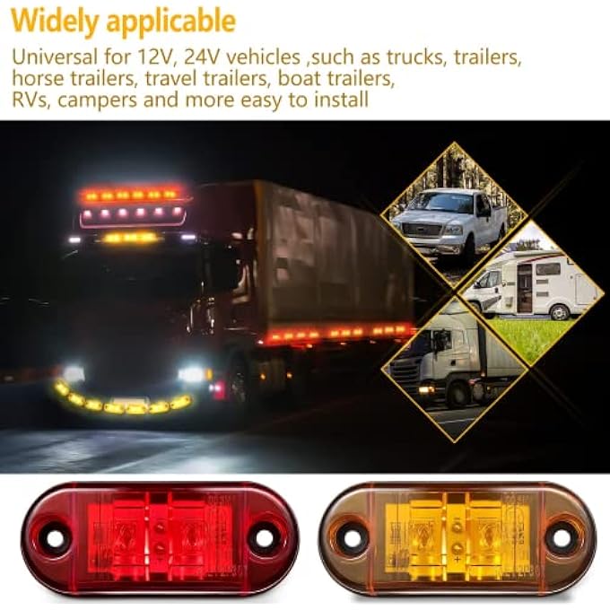 Khazna 10 Pieces 25 Inch 2 Diode Trailer Side Marker Light Led Trailer Boats Marker Light Truck Light Oval Rv Running Lights For Exterior Marker Lights Surface Mount Accessories5 Amber5 Red - Image 5