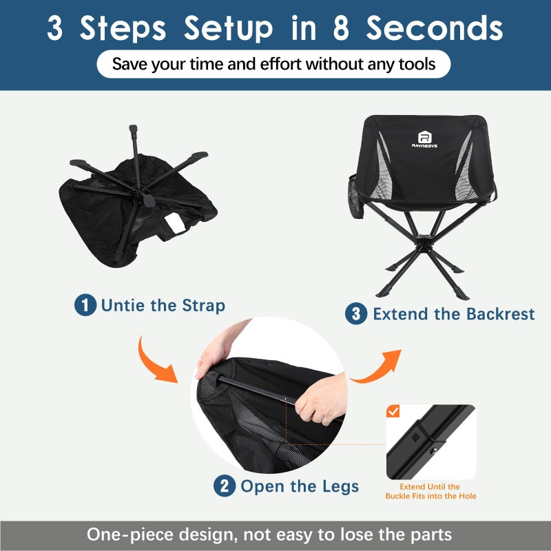 Raynesys 1 Pack Portable Camping Chair, Flexible 360Â° Rotation, Easy Carry, 8 Seconds Quick Setup Folding Camping Chair, 3.8Lb Lightweight Folding Chairs for Hiking, Beach, Sporting, Travel - Image 3