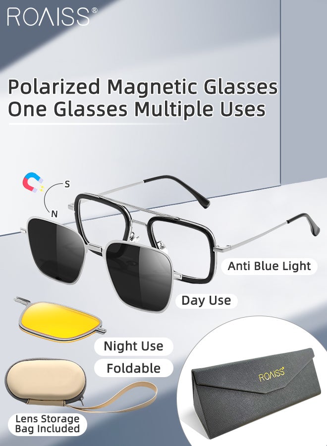 roaiss 3-in-1 Magnetic Polarized Clip-On Sunglasses Set, Blue Light Blocking Glasses with Magnetic Polarized Lens and Magnetic Night Vision Lens, Versatile Eyewear for Men and Women with glasses case - Image 1