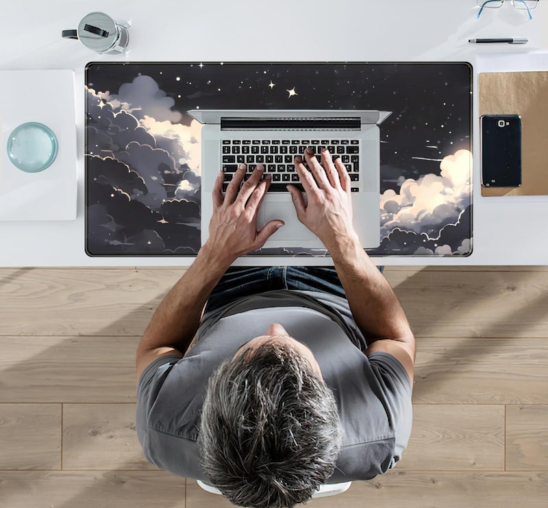 Mechanical Cattle Black Anime Cloud Desk Mat XXL Large Gaming Mouse Pad Computer Laptop Mat, Extended Non-Slip Rubber Base Mousepad Keyboard and Mouse Mat, Night Sky Desk Pad with Stitched Edges, 31.5x15.75 in - Image 5