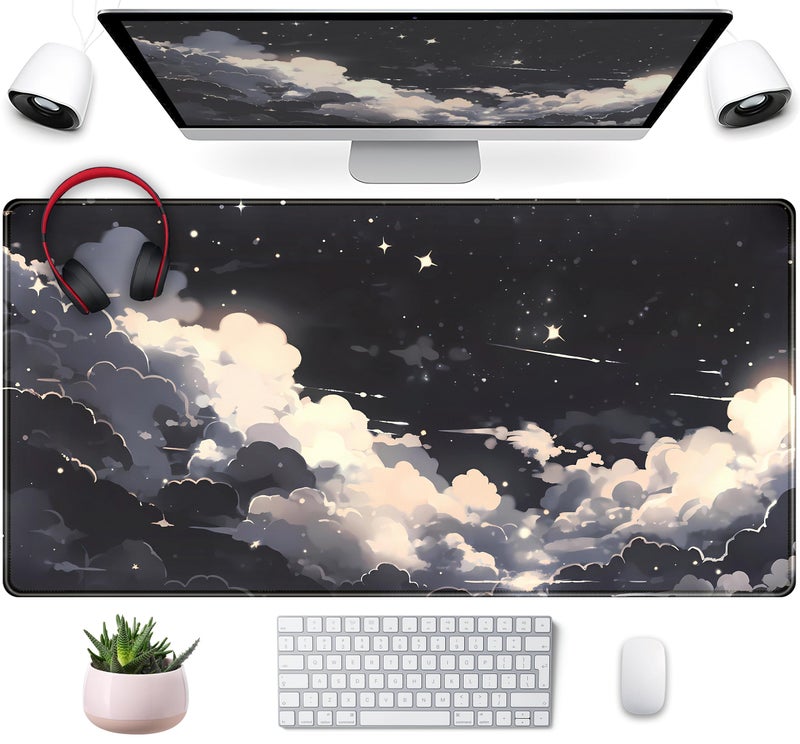 Mechanical Cattle Black Anime Cloud Desk Mat XXL Large Gaming Mouse Pad Computer Laptop Mat, Extended Non-Slip Rubber Base Mousepad Keyboard and Mouse Mat, Night Sky Desk Pad with Stitched Edges, 31.5x15.75 in - Image 1