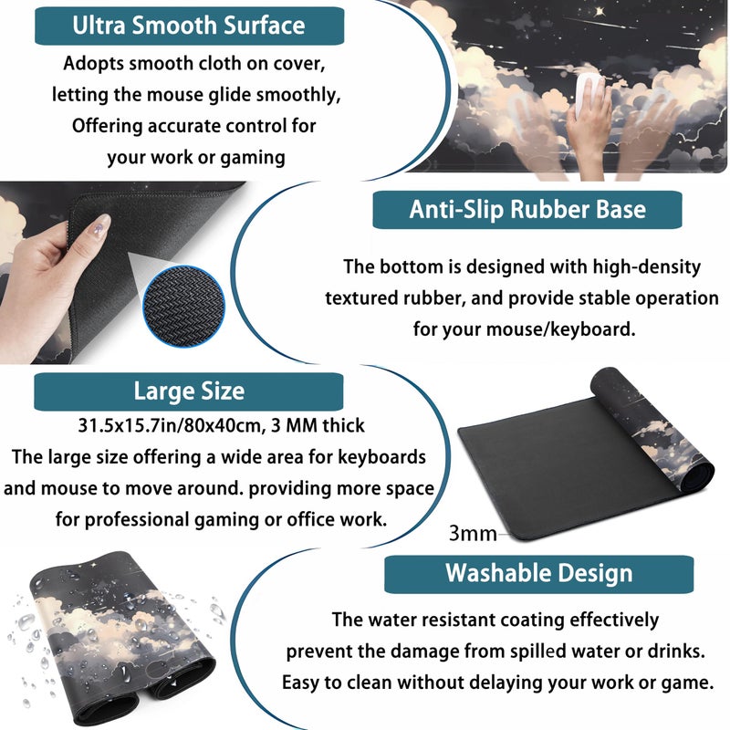 Mechanical Cattle Black Anime Cloud Desk Mat XXL Large Gaming Mouse Pad Computer Laptop Mat, Extended Non-Slip Rubber Base Mousepad Keyboard and Mouse Mat, Night Sky Desk Pad with Stitched Edges, 31.5x15.75 in - Image 3