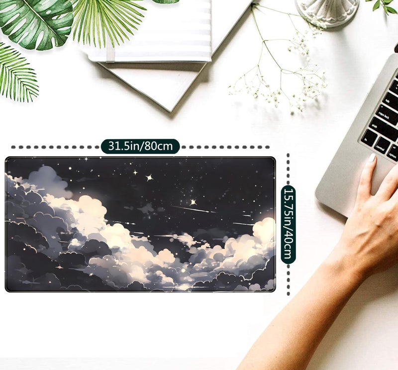 Mechanical Cattle Black Anime Cloud Desk Mat XXL Large Gaming Mouse Pad Computer Laptop Mat, Extended Non-Slip Rubber Base Mousepad Keyboard and Mouse Mat, Night Sky Desk Pad with Stitched Edges, 31.5x15.75 in - Image 2