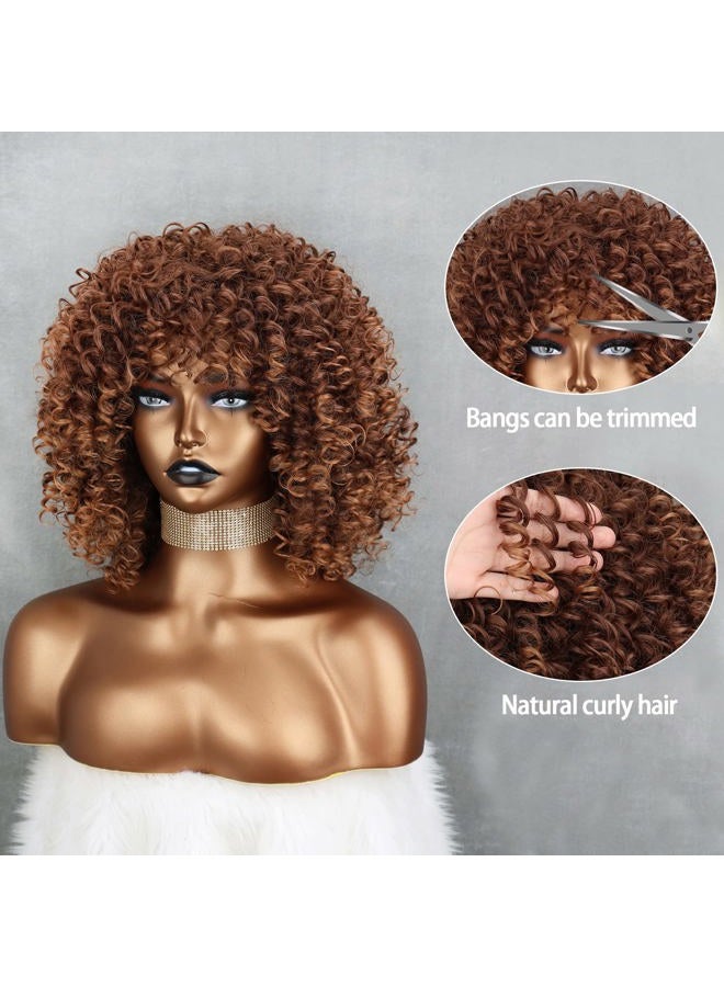 Xinran Brown Curly Afro Wig for Black Women,Short Kinky Curly Wig with Bangs,Synthetic Afro Full Hair Wig 14inch(Light Brown) - Image 3