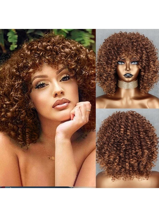 Xinran Brown Curly Afro Wig for Black Women,Short Kinky Curly Wig with Bangs,Synthetic Afro Full Hair Wig 14inch(Light Brown) - Image 1