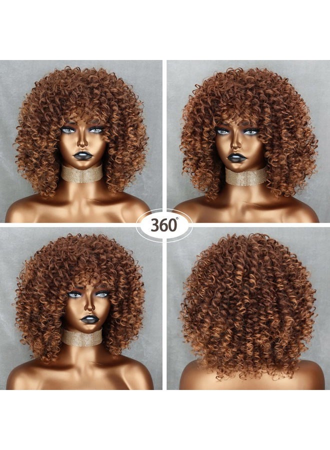 Xinran Brown Curly Afro Wig for Black Women,Short Kinky Curly Wig with Bangs,Synthetic Afro Full Hair Wig 14inch(Light Brown) - Image 4
