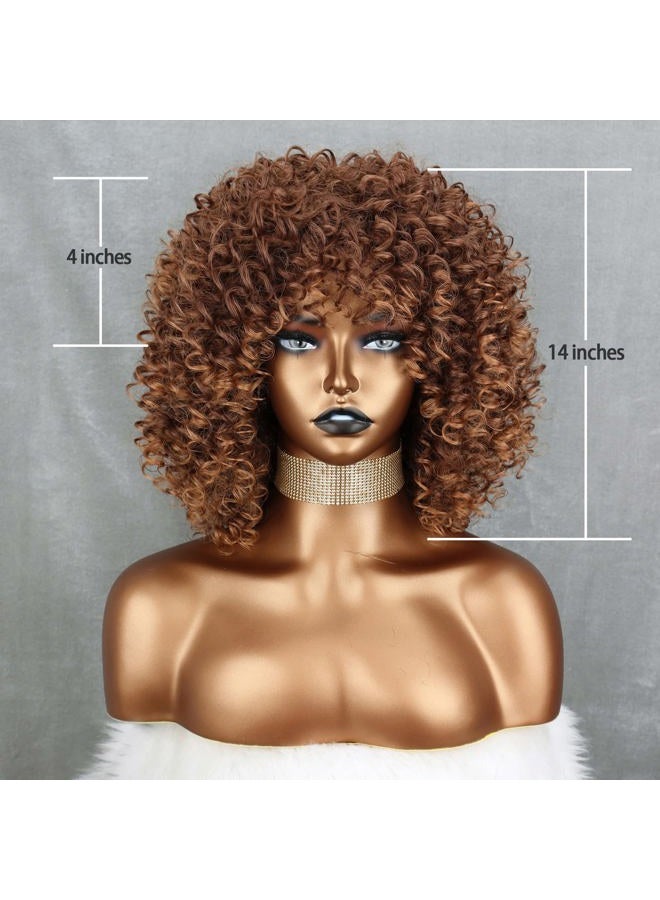 Xinran Brown Curly Afro Wig for Black Women,Short Kinky Curly Wig with Bangs,Synthetic Afro Full Hair Wig 14inch(Light Brown) - Image 2
