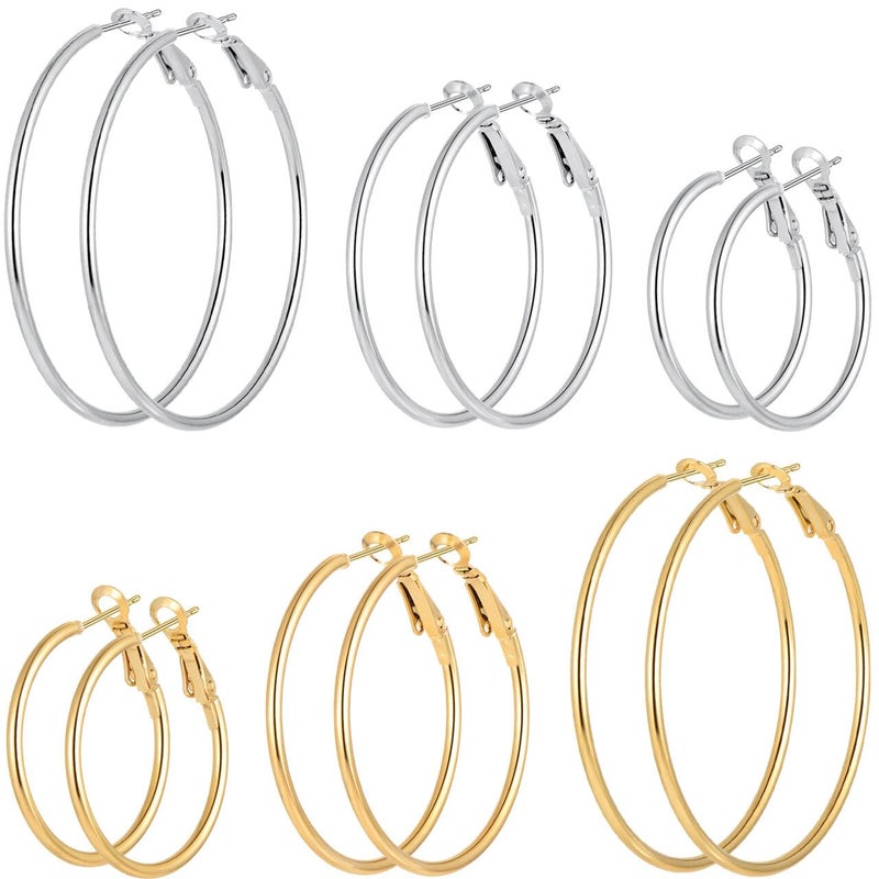 6 Pairs Gold Silver Plated Hoop Earrings for Women, Hypoallergenic Stainless Steel Gold Hoops Silver Hoop Earrings Set, Lightweight Large Small Hoops Women Earrings Loop Earrings Set