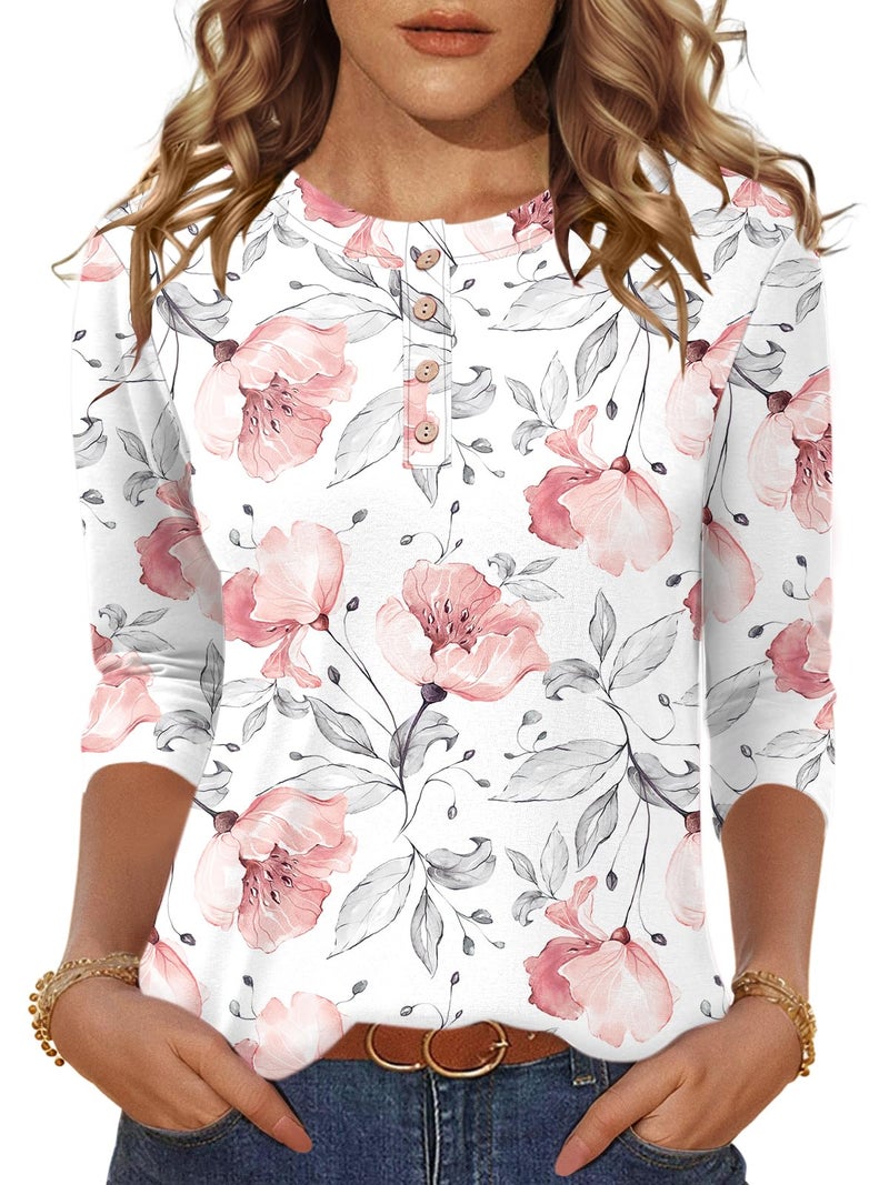 LOMON Casual 3/4 Length Sleeve Tops for Women Classic Round Neck Tunics Basic Spring Fashion Blouses(White Red Floral,M) - Image 2