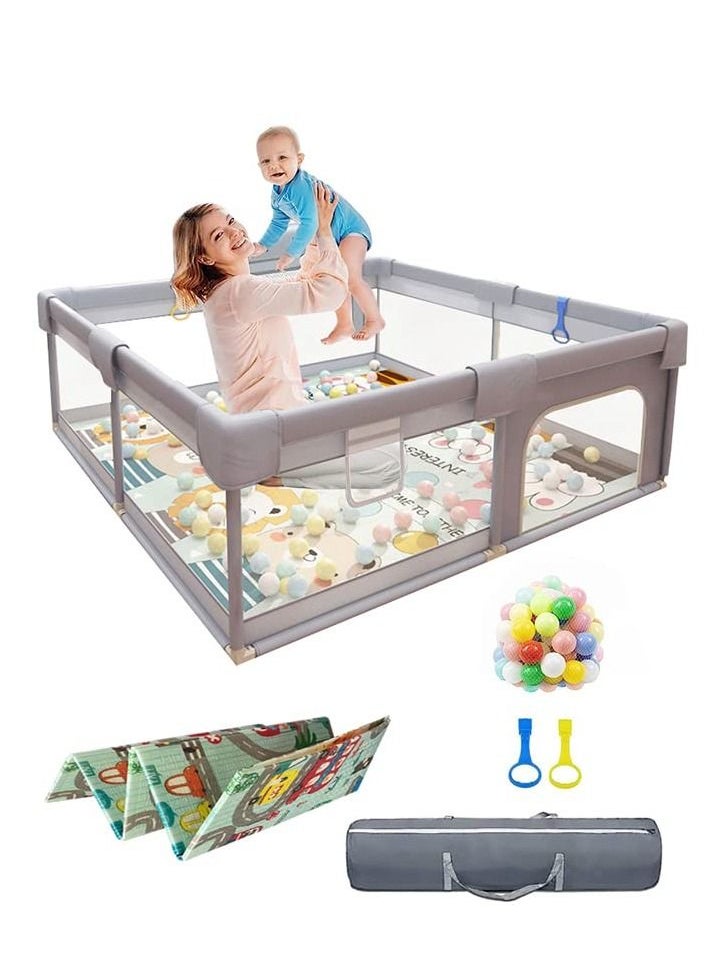 MIXDE Playpen, Baby fence with playing mat Toddler Fence with Anti-Slip Suckers Portable Activity Center with Balls(Grey)  - Image 1