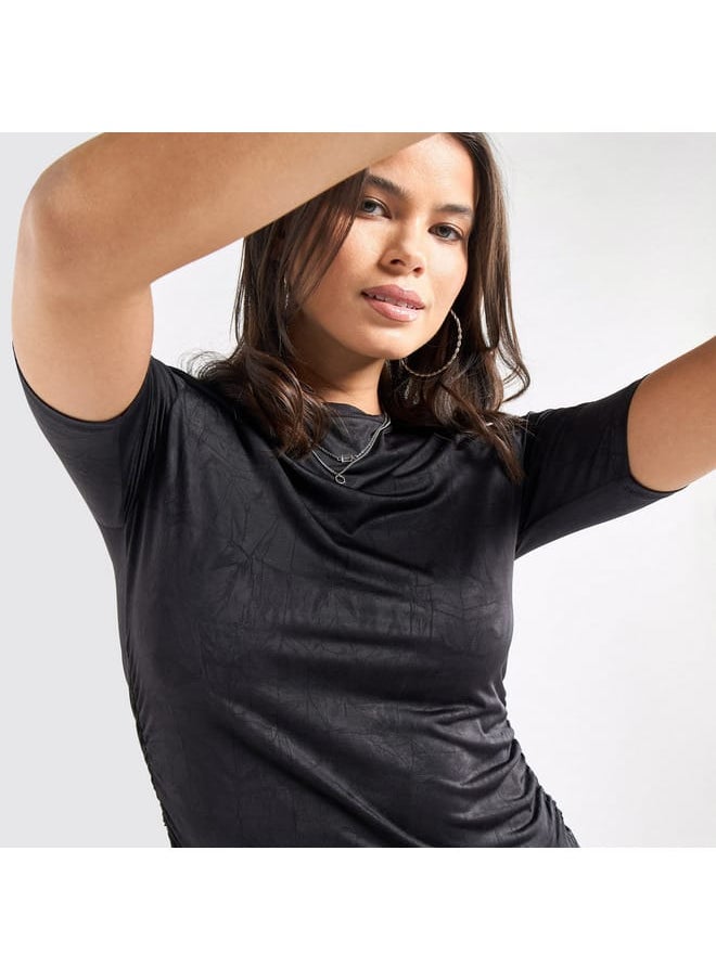 FAV - Textured Crew Neck Top with Short Sleeves and Ruched Detail - Image 1