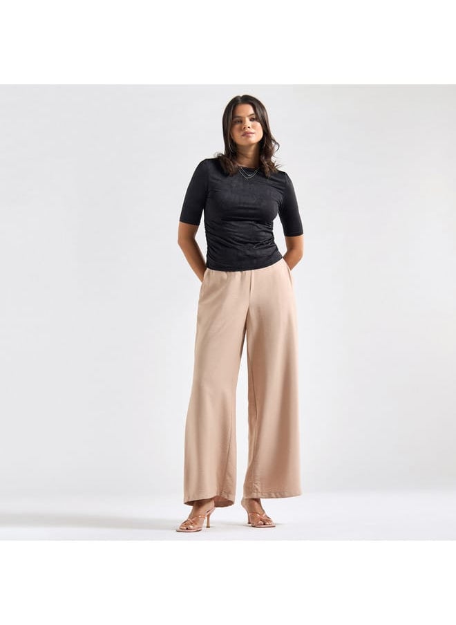 FAV - Textured Crew Neck Top with Short Sleeves and Ruched Detail - Image 1