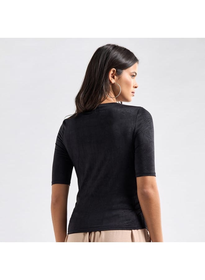 FAV - Textured Crew Neck Top with Short Sleeves and Ruched Detail - Image 1