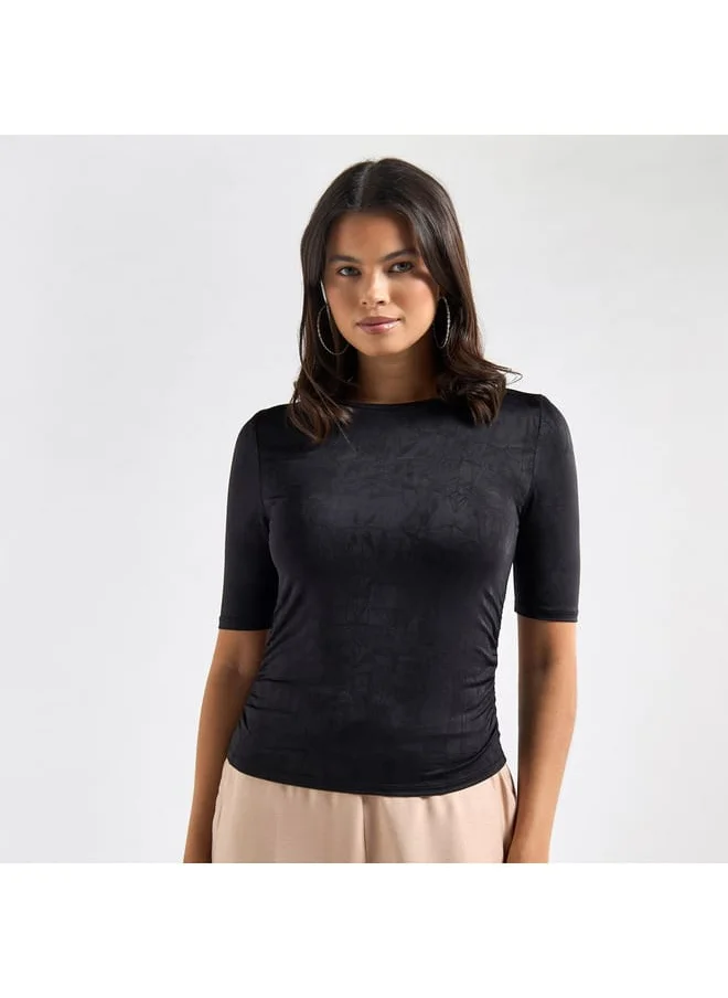 FAV Textured Crew Neck Top with Short Sleeves and Ruched Detail