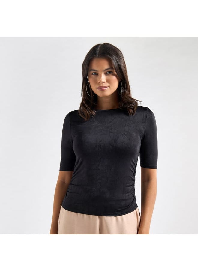 FAV - Textured Crew Neck Top with Short Sleeves and Ruched Detail - Image 1